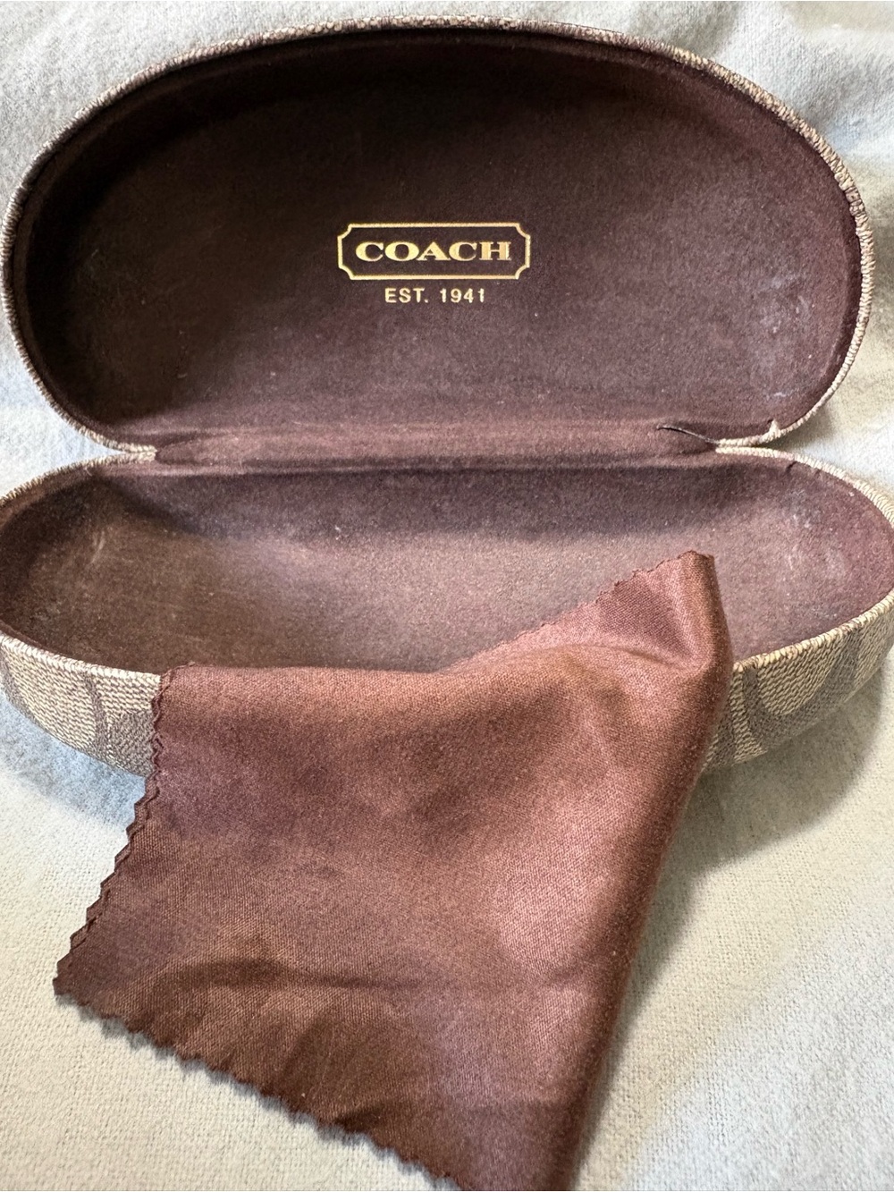 Coach Brown Signature Monogram Eyewear Case with Gold Logo and Cleaning Cloth